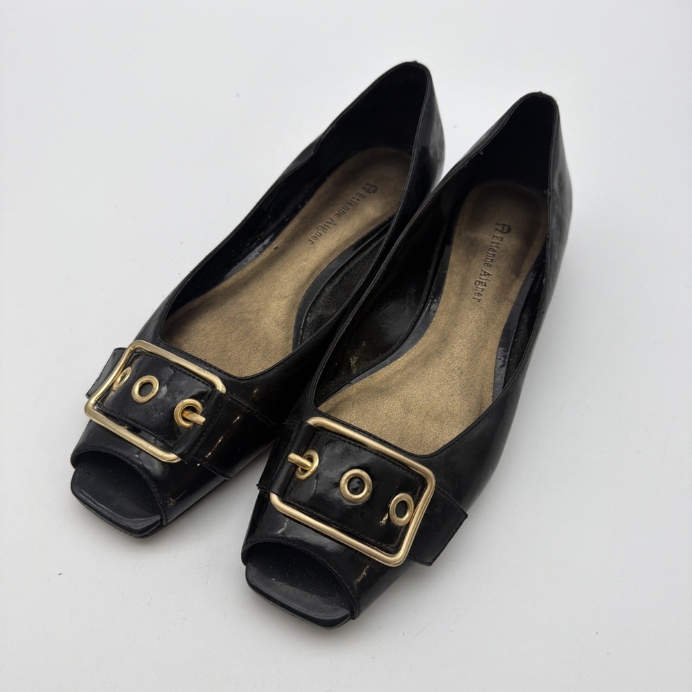 Etienne Aigner black patent leather peep-toe flats  9.5